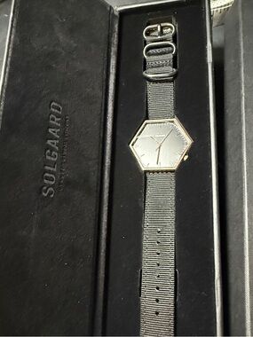 Solgaard Hexagonal Rose Gold Dial Watch with Black Nylon Strap.